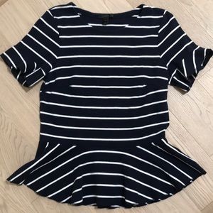 J. Crew navy and white striped peplum blouse